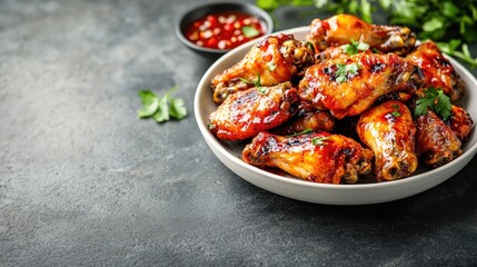 Grilled chicken wings on a white plate over a rustic grey stone backdrop, appetizing scene for a dinner with room for copy space.