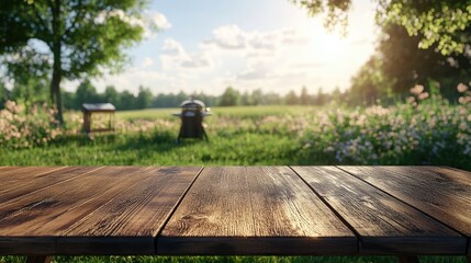 Wooden table in focus, with barbecue equipment blurred in the background, outdoor leisure setting under clear skies.