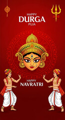 Obraz premium Indian Goddess Durga face with dancing men and trident
