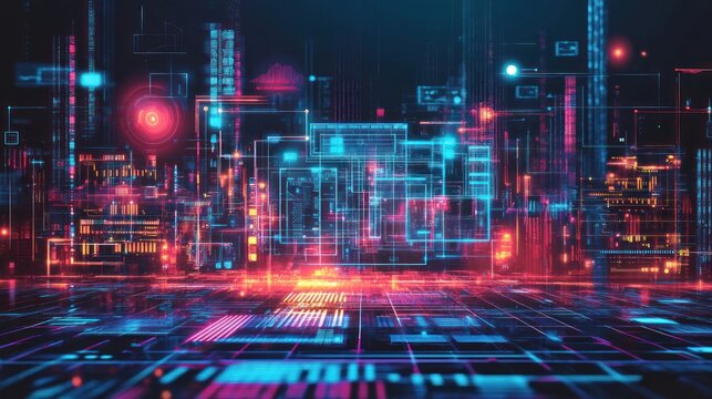 Futuristic cityscape with digital data streams and glowing interfaces.