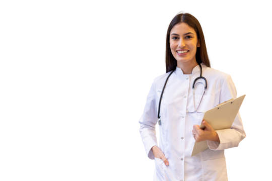 Confident female doctor smiling and holding a clipboard, on a transparent background, ready to assist patients - Powered by Adobe