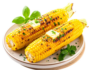 Grilled corn on the cob with butter glaze on white or transparent background, summer