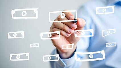 Businessman s hand drawing glowing digital currency symbols on a transparent screen representing financial growth and investment opportunities in a modern business environment