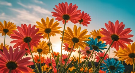 A vibrant field of colorful daisies reaching towards the bright sky during a warm sunny day outdoors