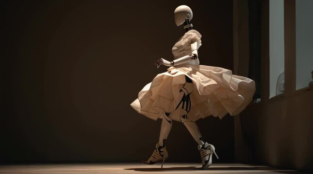 Robot mannequin wears a dress and dances. Light shines softly on the stage.