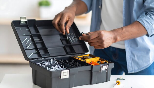 Hands sorting tools in a black toolbox