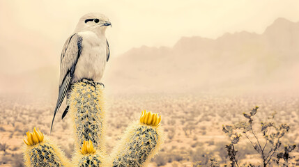 Bird Perched On Cactus In Misty Desert Landscape
