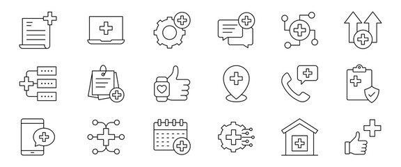 Healthcare management line icon set. Health Management icons set editable stroke. featuring administration, analysis, monitoring, human resource, inventory management. Vector illustration.