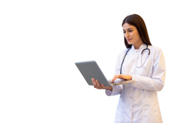 Female doctor is using a laptop with a transparent background, ideal for healthcare and technology-related projects