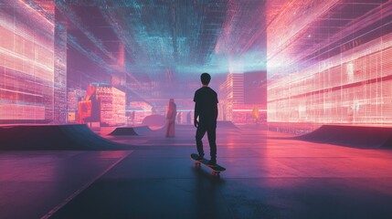 Skateboarder in futuristic neon city skatepark.