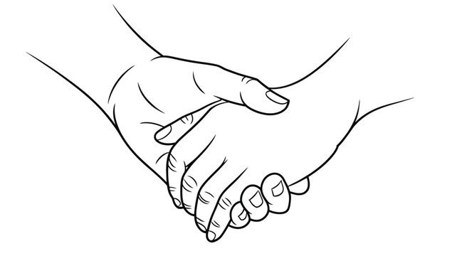 Minimalist line drawing of two clasped hands holding each other, symbolizing unity, support, love, friendship, care, and human connection 