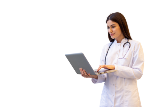 Female doctor is using a laptop with a transparent background, ideal for healthcare and technology-related projects - Powered by Adobe