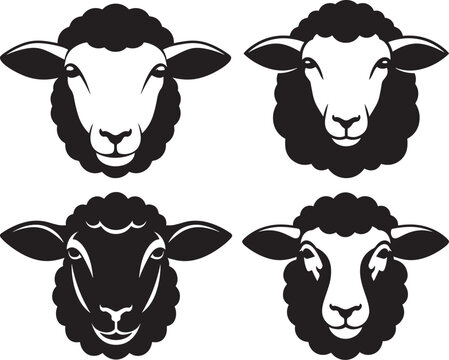 Four black and white sheep head silhouettes
