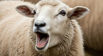 Close-up of a fluffy white sheep with its mouth wide open, appearing to bleat or yawn in a field.