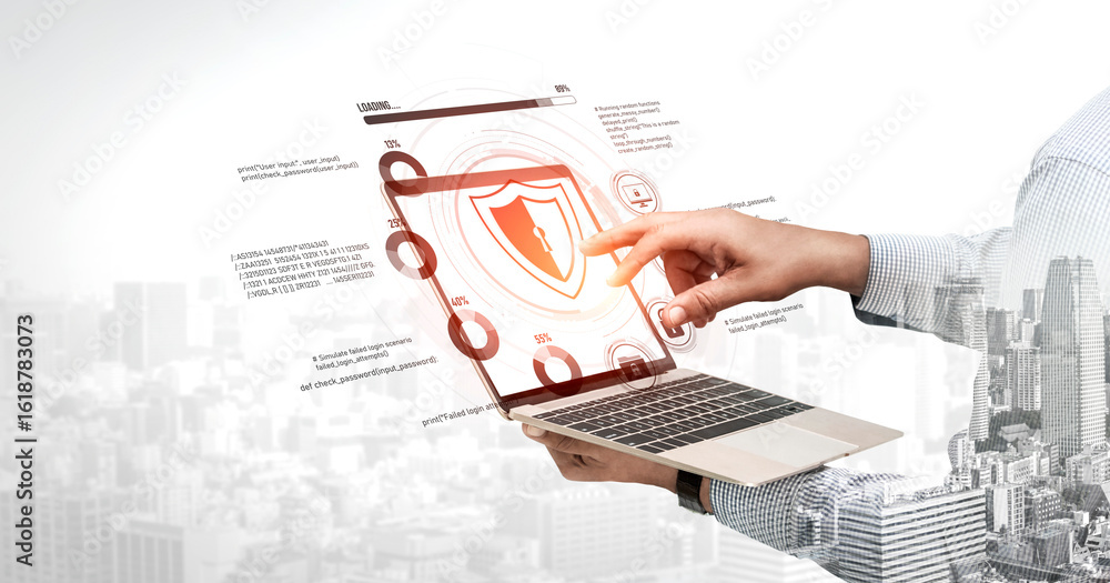 Poster cyber security protects against breaches, hacks, and network attacks using strong infrastructure and