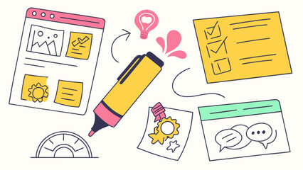 Illustration of a yellow highlighter with notes, a lightbulb, and web browser windows