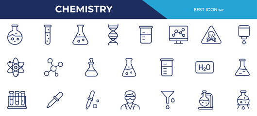 Chemistry Line Icons Pack – Science Vector Icons Featuring Lab Equipment, Molecules, DNA, and Chemical Reactions