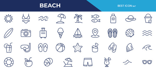 Beach Line Icons - Summer, Vacation, Travel, and Coastal Elements Outline Icon Pack for Digital & Print Use