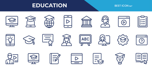 Education Line Icons – High-Resolution Vector Set for Online Learning, Digital Education, E-Learning Platforms & Virtual Classrooms