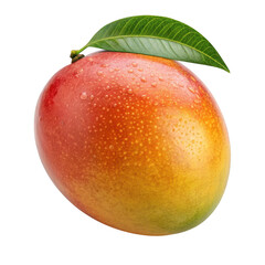A ripe mango with a green leaf isolated on transparent background