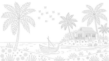 Black and white line drawing of serene coastal scene with palm trees, boat on water, hilltop house, tropical plants, and stars in sky
