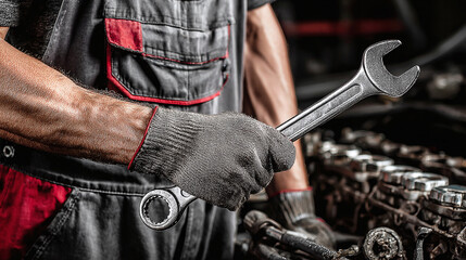 Gloved hand holds wrenches beside a partially disassembled engine. Auto repair, mechanical work, and automotive maintenance come to mind.