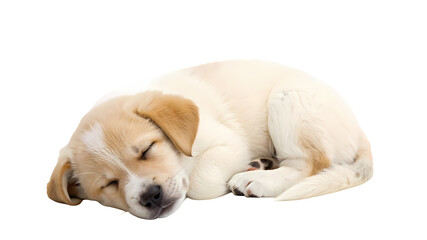 A golden retriever puppy sleeping isolated on white background.