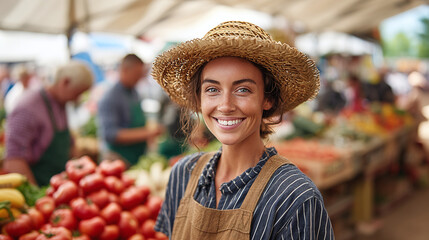 Smiling farmer at a vibrant outdoor market, wearing a straw hat and apron, surrounded by fresh produce.