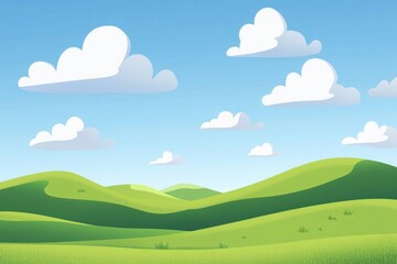 Obraz premium Cartoon illustration of green hills and a blue sky with clouds