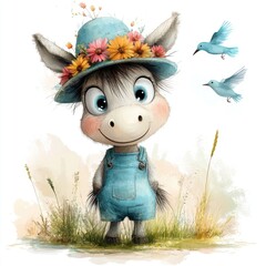 A curious little cartoon donkey wearing a flower-filled hat trots through a meadow while watercolor birds fly above.