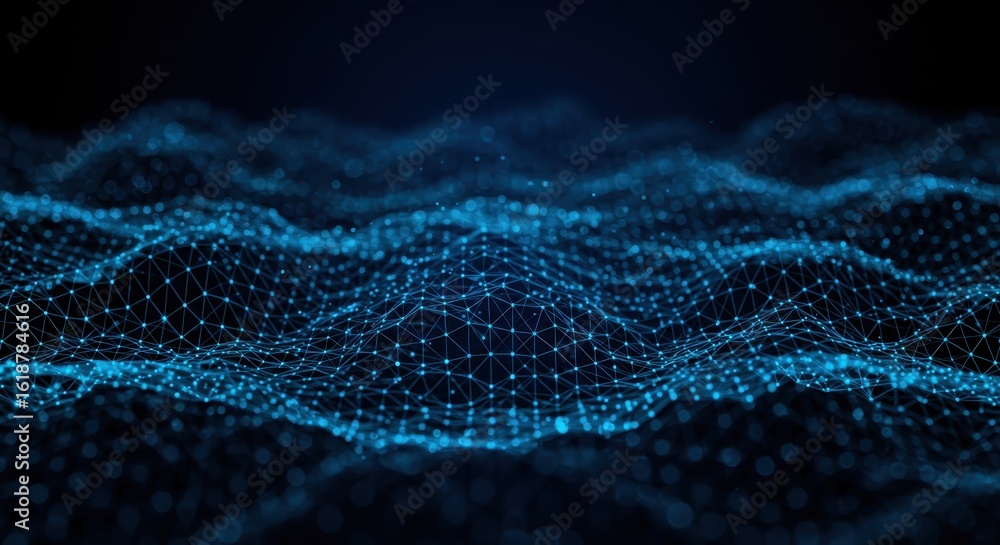Poster abstract interconnected network of glowing blue nodes creating digital landscape