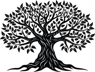 Obraz premium decorative tree silhouette with spreading branches and leaves vector illustration