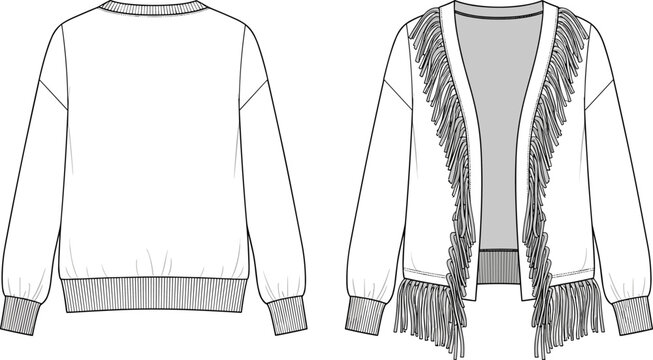  Fashionable Women's Fringe Cardigan Flat Sketch Vector Illustration for Apparel Design, Boho Style Sweater Technical CAD Drawing, Trendy Outerwear
