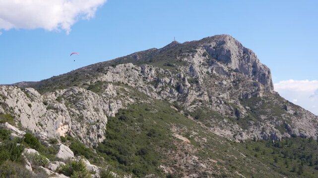 Paragliding Hang Gliding Action Sports in Sainte Victoire Aix-en-Provence France Mountain. Adrenaline Adventure Sunny Day Nature Outside