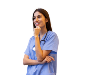 Thoughtful female doctor with stethoscope smiling and looking away, isolated on transparent background, ideal for healthcare and medical themes