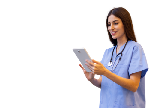 Young female doctor wearing blue scrubs and stethoscope using digital tablet, isolated on transparent background