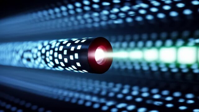 Red laser beam projection with digital data matrix background. Tech light transmission technology, fiber optic communication network, binary code pattern grid for futuristic electronic systems.