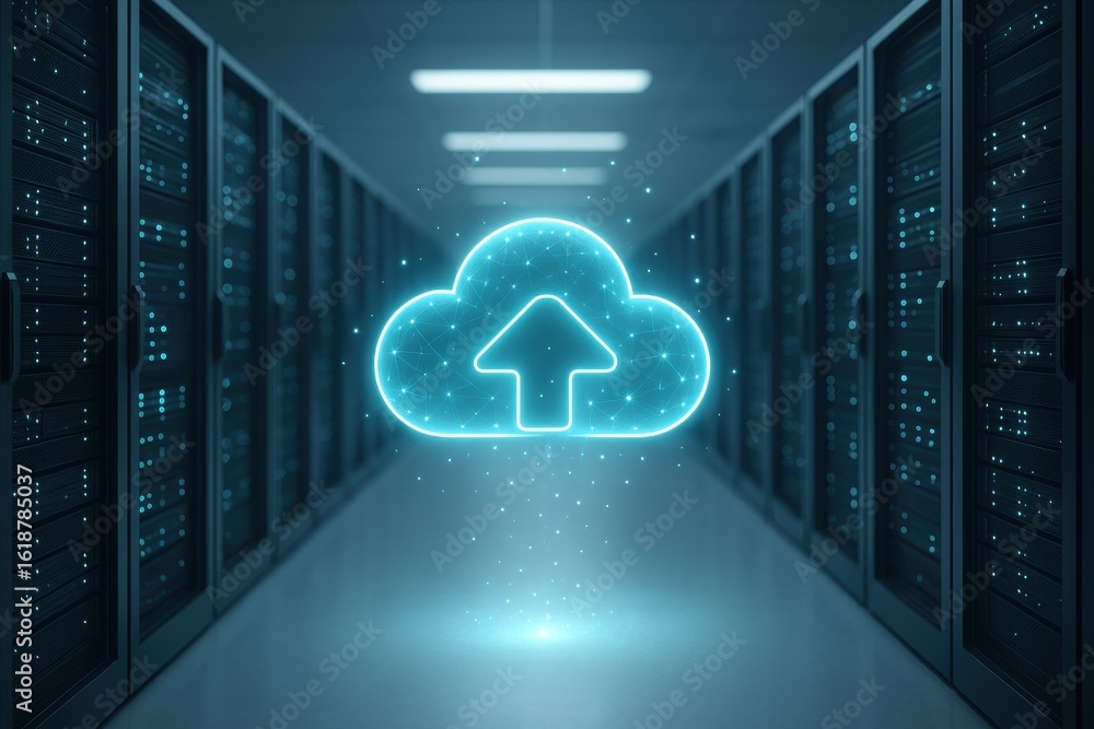 Poster digital cloud computing: the central focus of this picture is a luminous cloud symbol, placed in a s