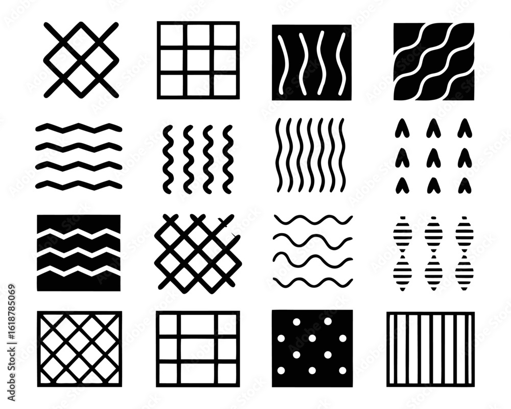 Poster collection of decorative hatching line patterns and textured backgrounds for graphic design projects