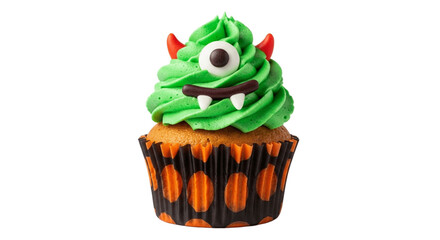 Halloween Monster Cupcake with Green Frosting on Transparent Background