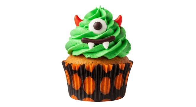 Halloween Monster Cupcake with Green Frosting on Transparent Background