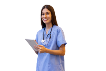 Confident medical professional smiling, holding tablet and displaying healthcare technology against transparent background