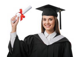 Graduation portrait happy student holding diploma isolated on transparent background