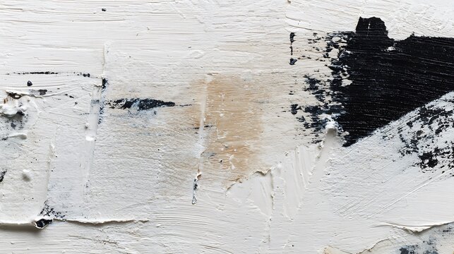 Abstract textured artwork with bold black and white brushstrokes and subtle color accents