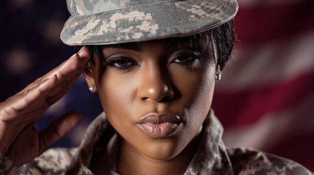Black female soldier salutes in her BDU digital uniform - army and military 