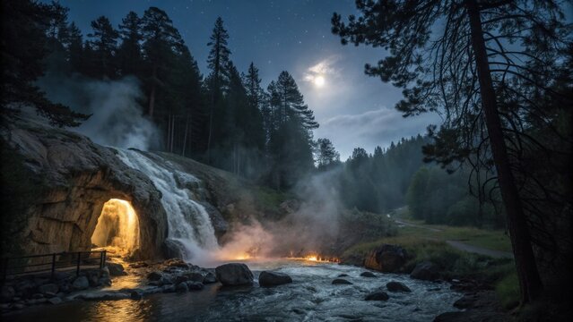 Mystical waterfall cave glows with warm light under starry night sky and moonlit clouds