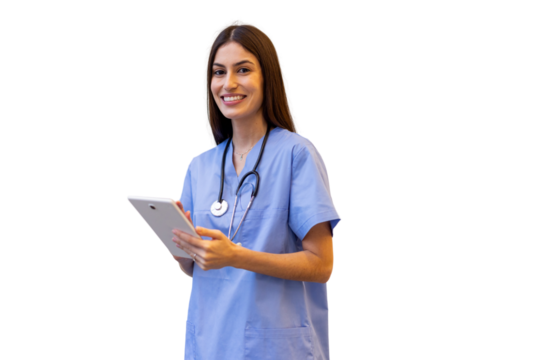 Confident medical professional smiling, holding tablet and displaying healthcare technology against transparent background