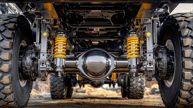 Undercarriage of a Heavy-Duty Truck: Suspension system, chassis, axles, and tires showcase robust engineering.  Off-road capabilities in clear detail.