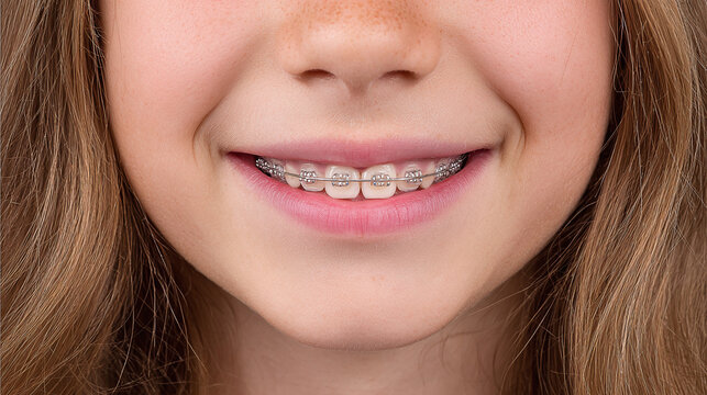 Smiling girl showcasing dental braces for teeth alignment. Orthodontic treatment in action for a confident, healthy smile. Happy and braces ready!