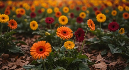 A field of gerbera daisies in various colors including orange yellow and red blooming in autumn light